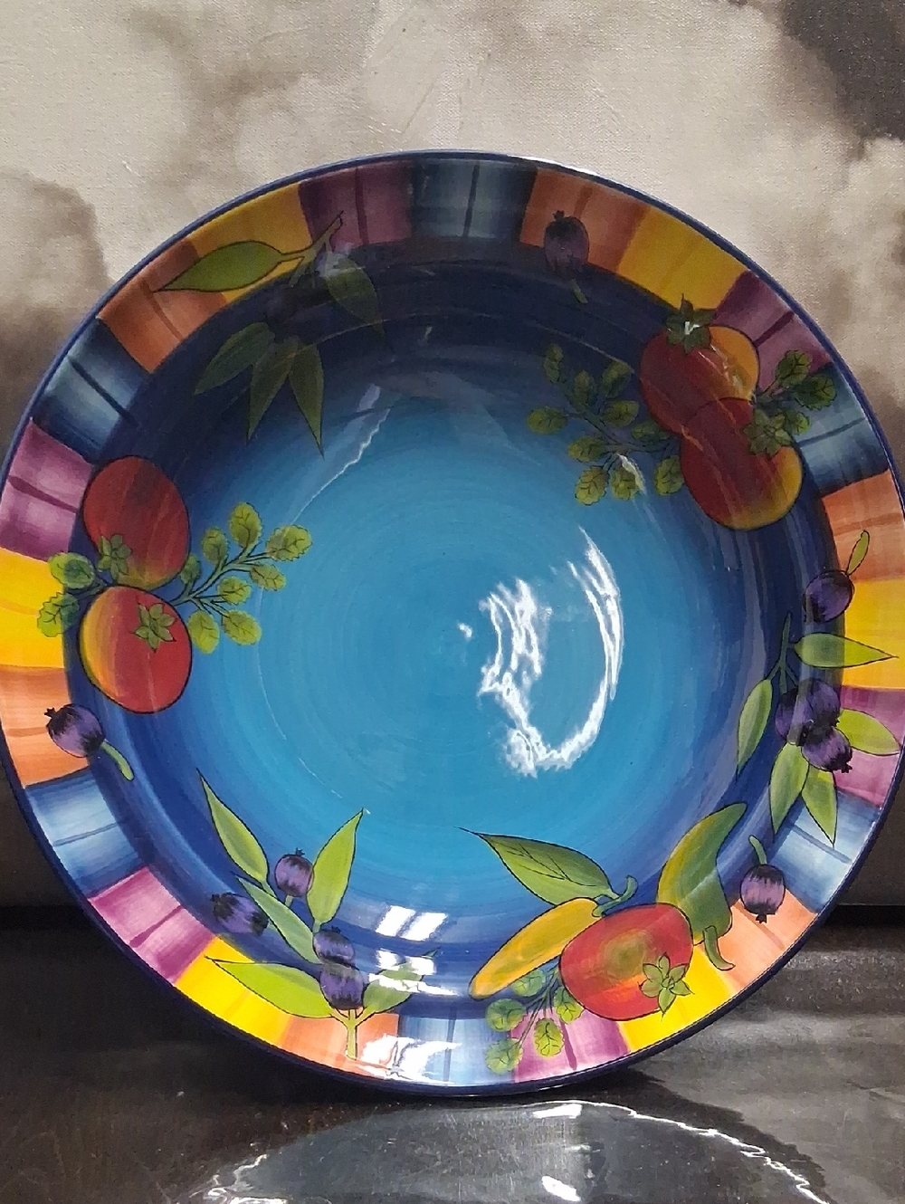 Hand-Painted Blue Ceramic Fruit Bowl